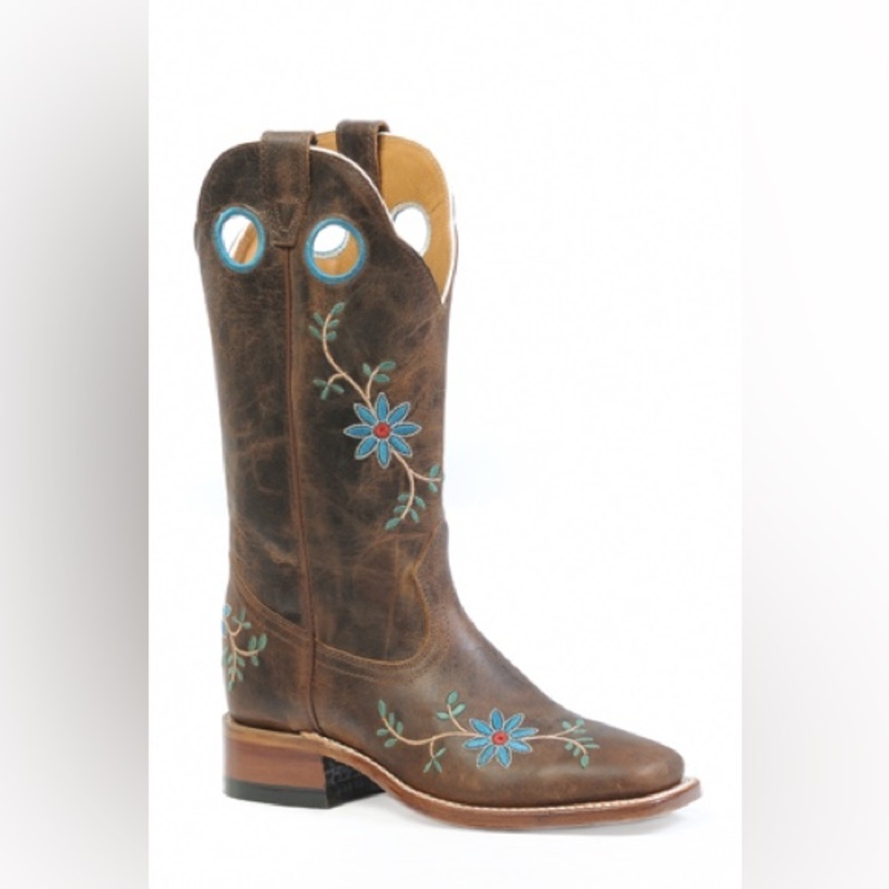 Boulet Brown Leather Boot with Turquoise Floral Embroidery
